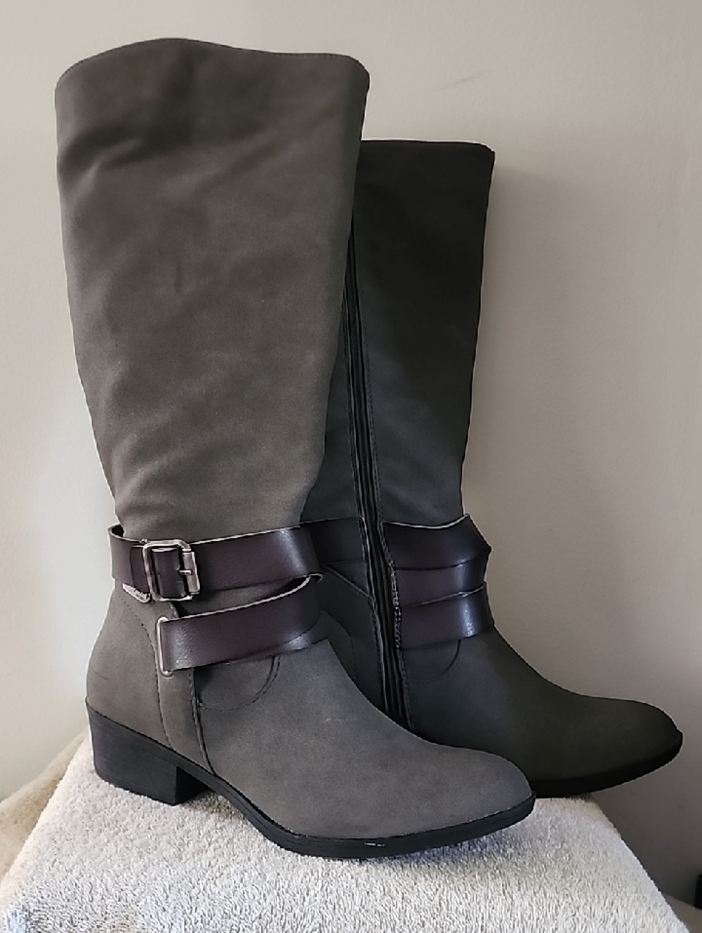 Over-the-Knee  Boots in Gray with Buckle Detail